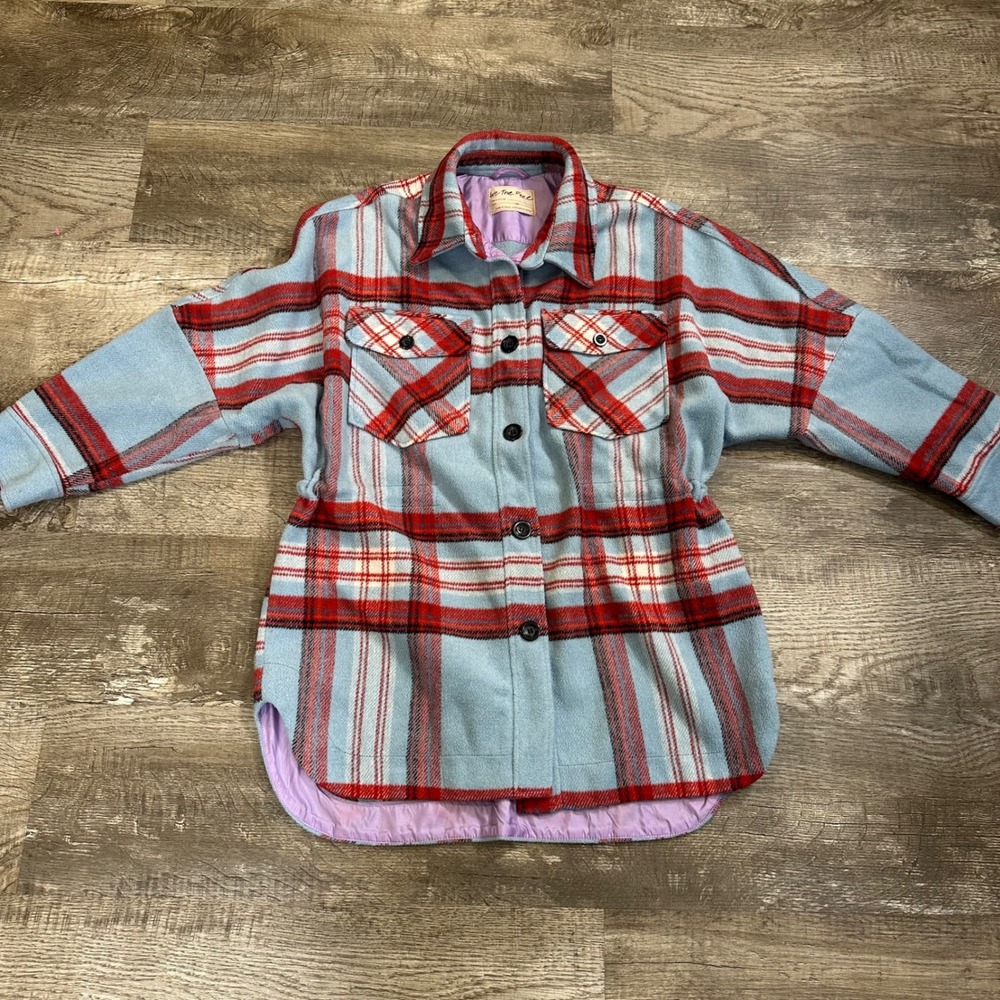 Free People We The Free Blue Red Plaid Oversized Shacket Jacket Wool Blend M